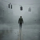 Person in jacket on foggy street with red balloon over misty Asian town