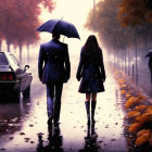 Couple walking under umbrella in rainy city with classic car and autumn leaves