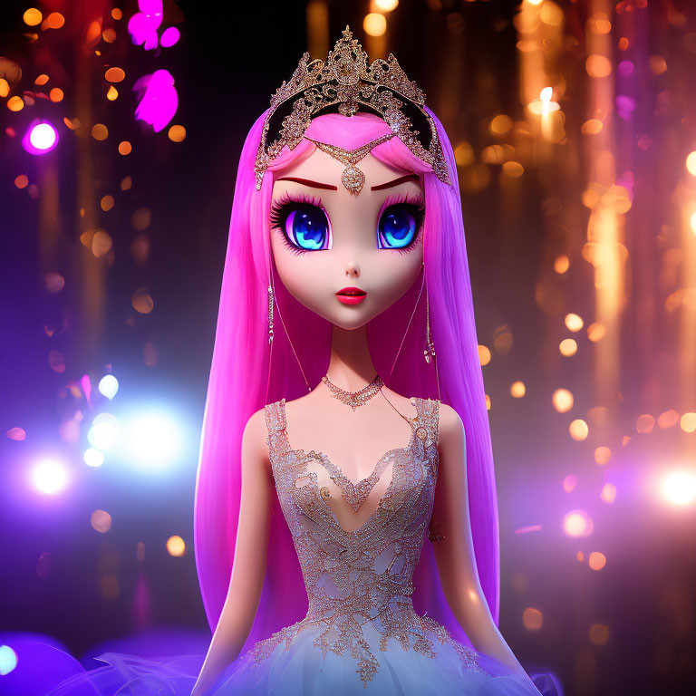 Animated Princess with Pink Hair in Blue Gown on Bokeh Background