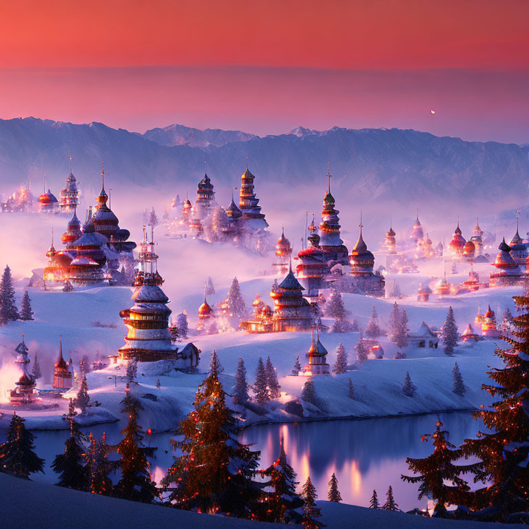 Snowy Dusk Scene: Onion-Domed Buildings by River, Mountains, Pink Sky