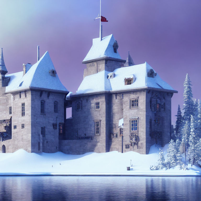 Snow-covered fairytale castle in serene wintry landscape