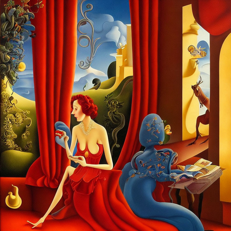 Surreal painting of red-haired woman with mask, blue chair, and whimsical landscapes