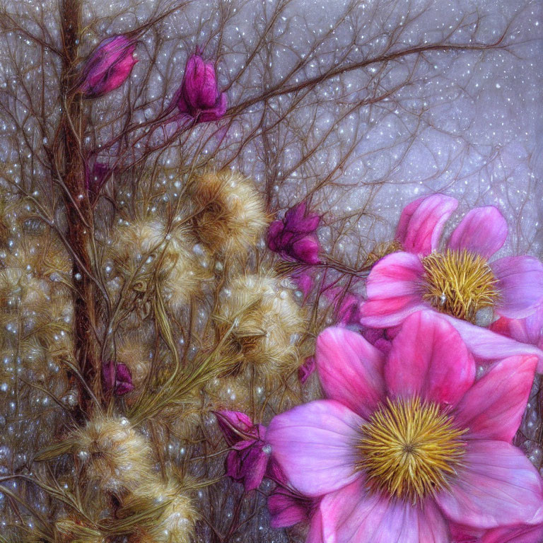 Vivid Pink Flowers and Yellow Centers with Brown Fluff and Twigs on Textured Background