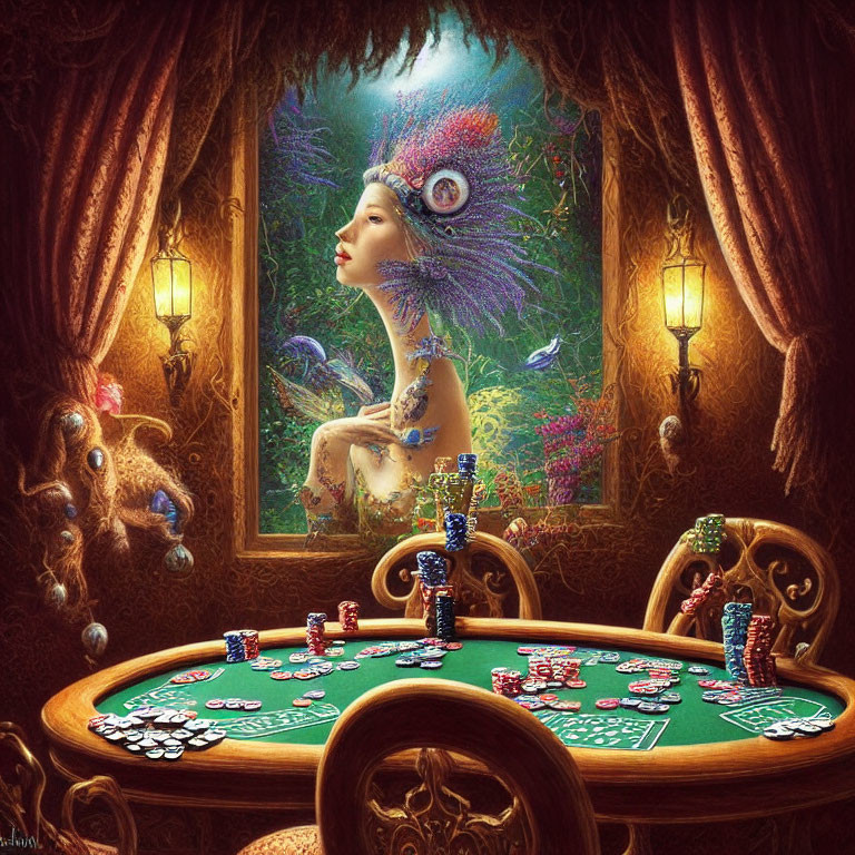 Luxurious poker room with fantasy painting of woman and peacock feathers