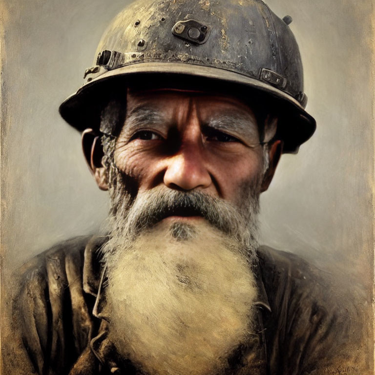 Elderly Bearded Soldier Portrait with Worn Helmet