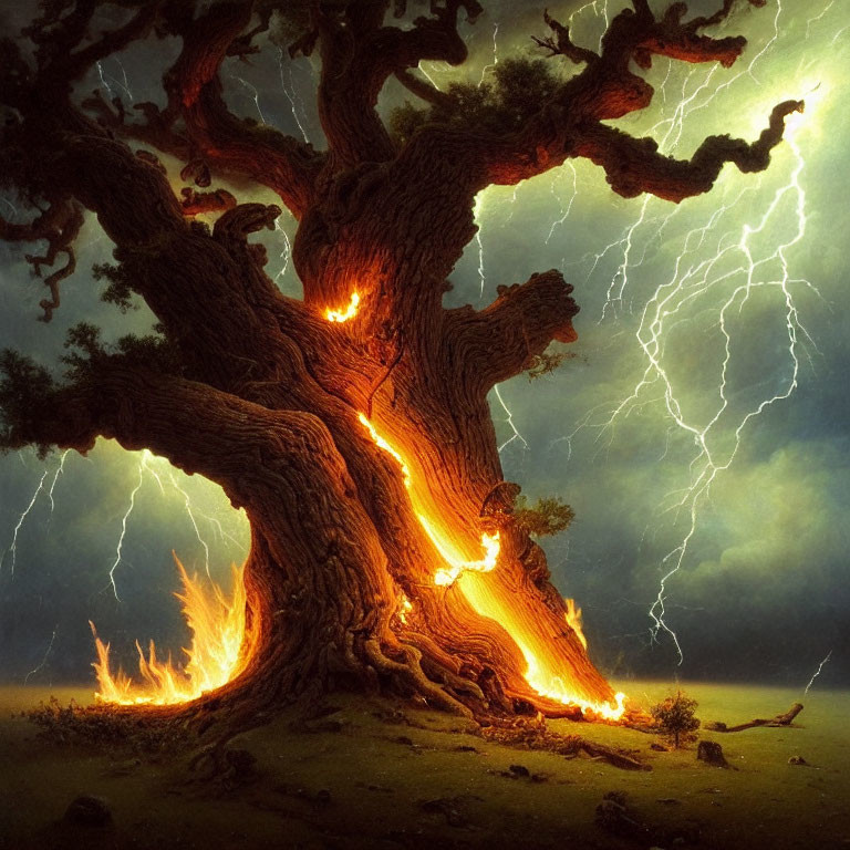 Ancient tree struck by lightning in stormy scene