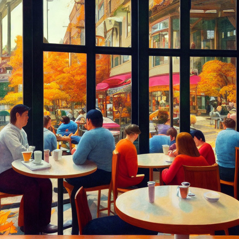 Vibrant Autumn Café Interior with Patrons and Street View