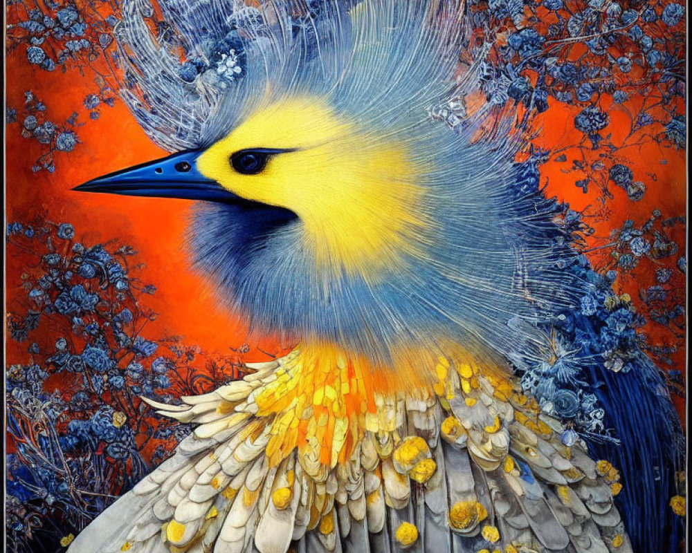 Colorful painting of ornate bird with yellow-blue head and fiery orange backdrop