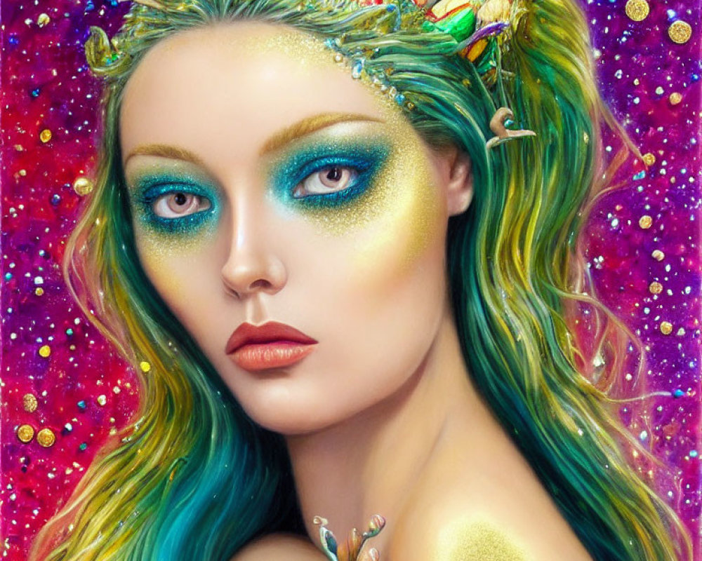 Colorful portrait of woman with golden skin and sea green hair against cosmic backdrop