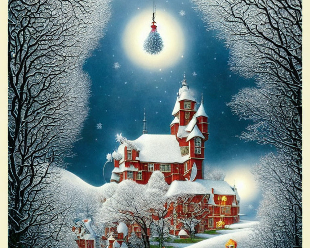 Winter scene with red-roofed house, snowman, and full moon