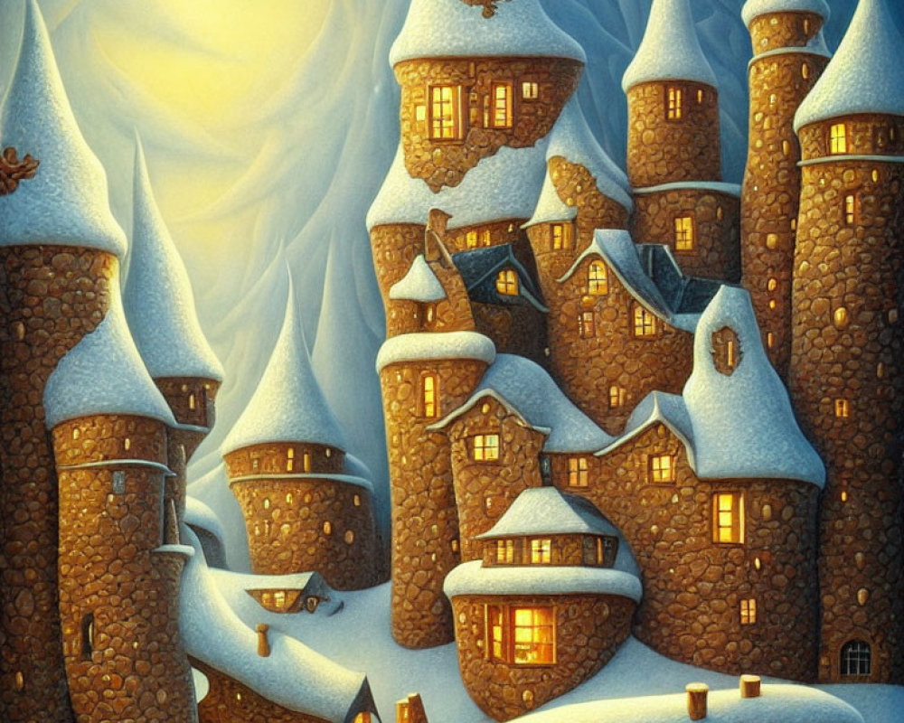 Snow-covered stone castle with turrets and warm glowing windows