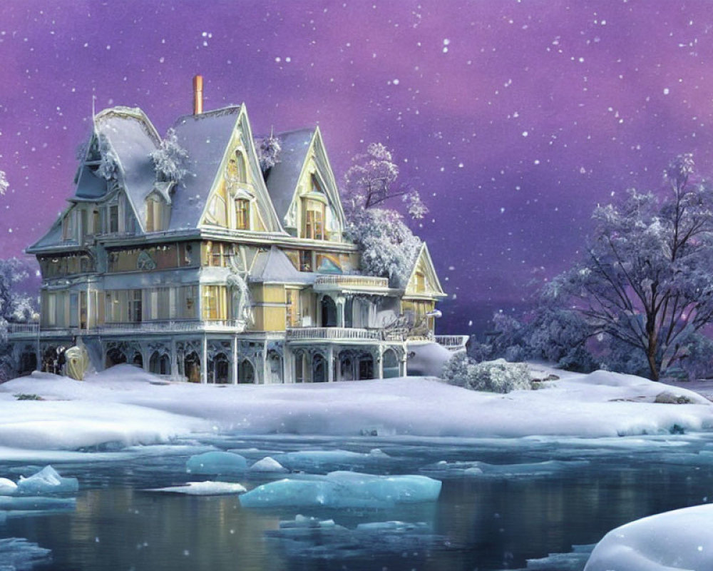 Victorian-style house by frozen river in starry winter night.