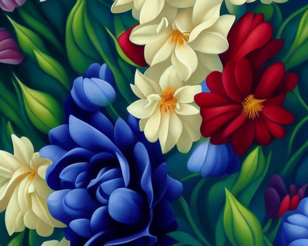 Colorful Flower Painting with Layered Petals on Green Background