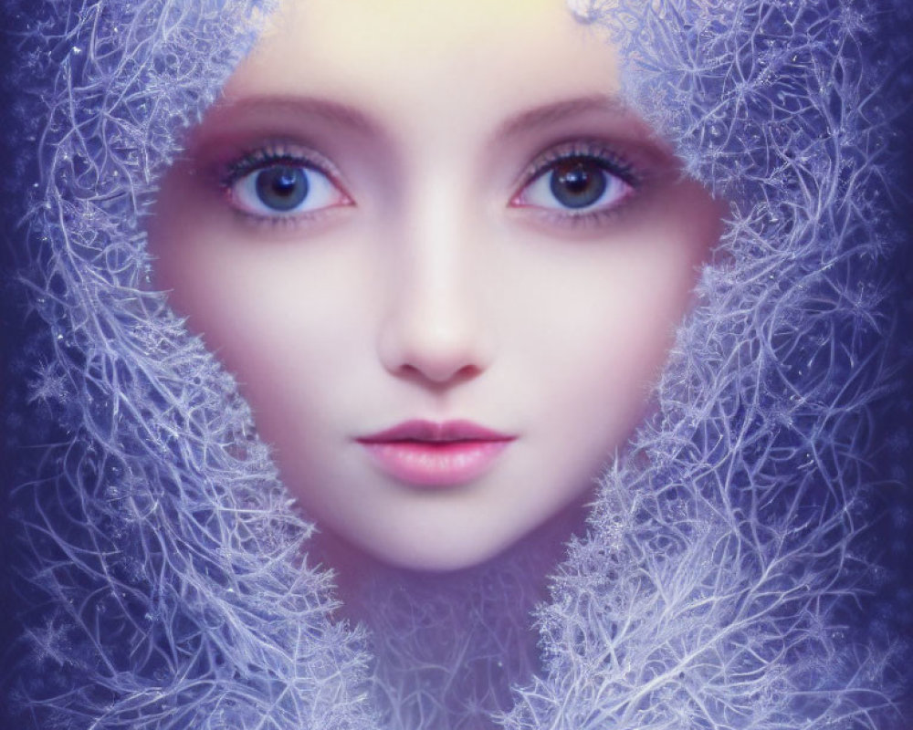 Fantasy character with ice-blue eyes and frost detailing, winter theme