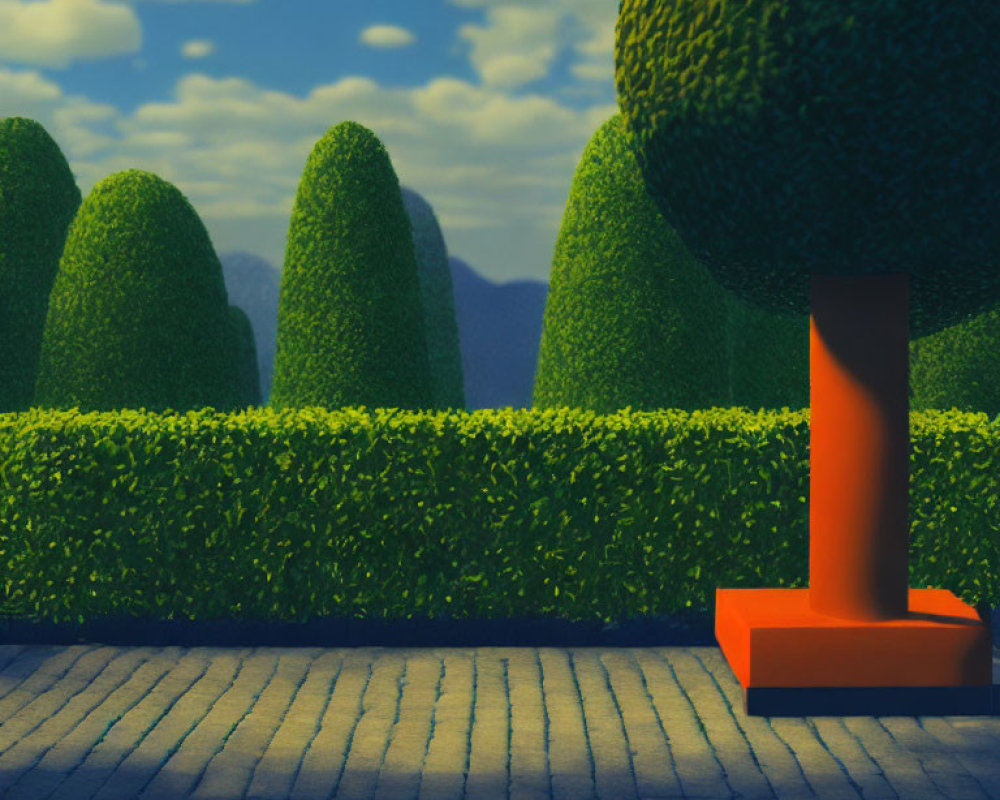 Manicured garden with topiary and cobblestone path under dusk sky