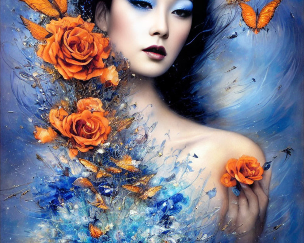 Portrait of Woman with Blue Makeup Surrounded by Orange Roses and Butterflies