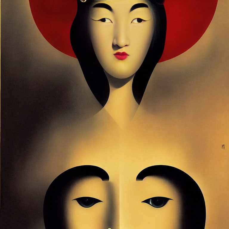 Stylized painting of woman with red hat and dual face illusion