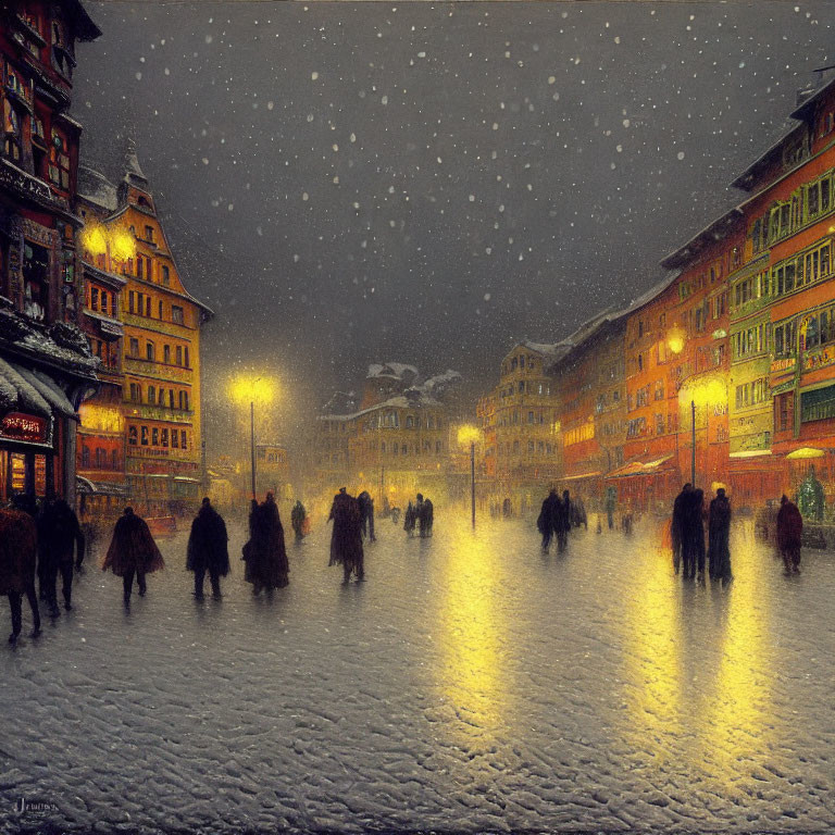 Snow-covered night street scene with people and warm lights