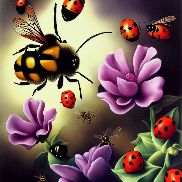 Colorful bumblebee, ladybugs, wasp, and flowers in detailed image