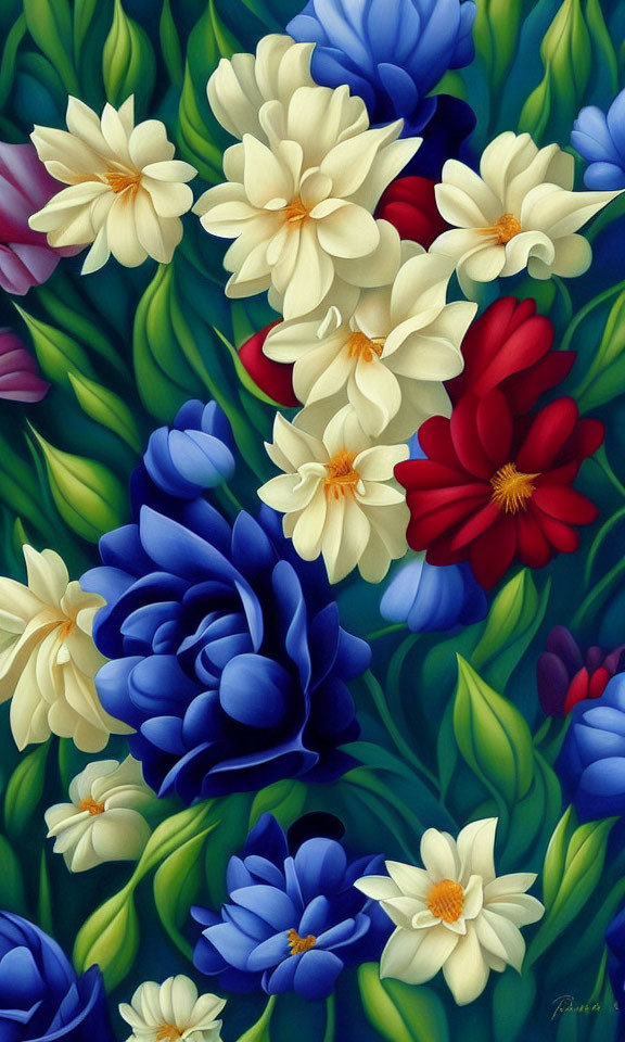 Colorful Flower Painting with Layered Petals on Green Background