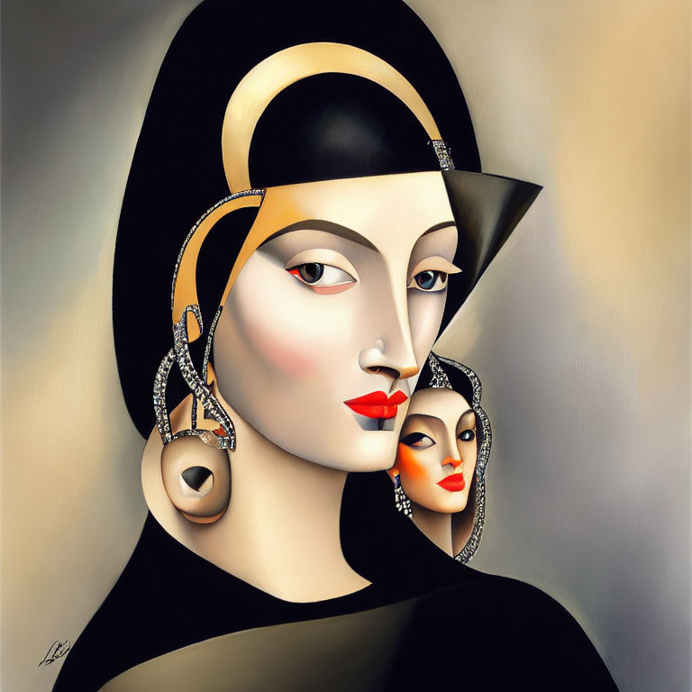 Stylized painting of woman in black hat with face on cheek