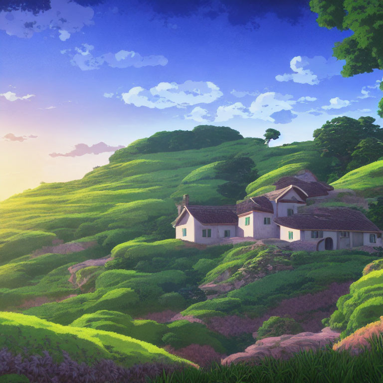 Picturesque cottages nestled in lush green hillside under soft glowing sky