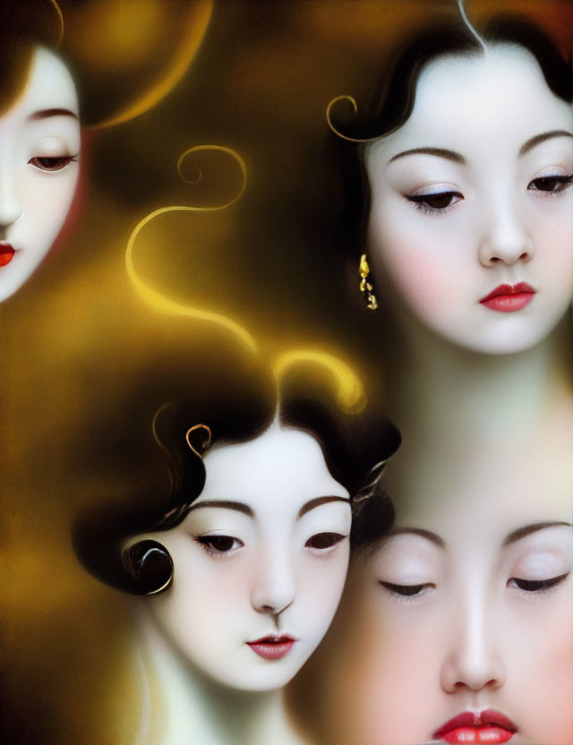 Stylized Asian women painting with pale skin and dark hair