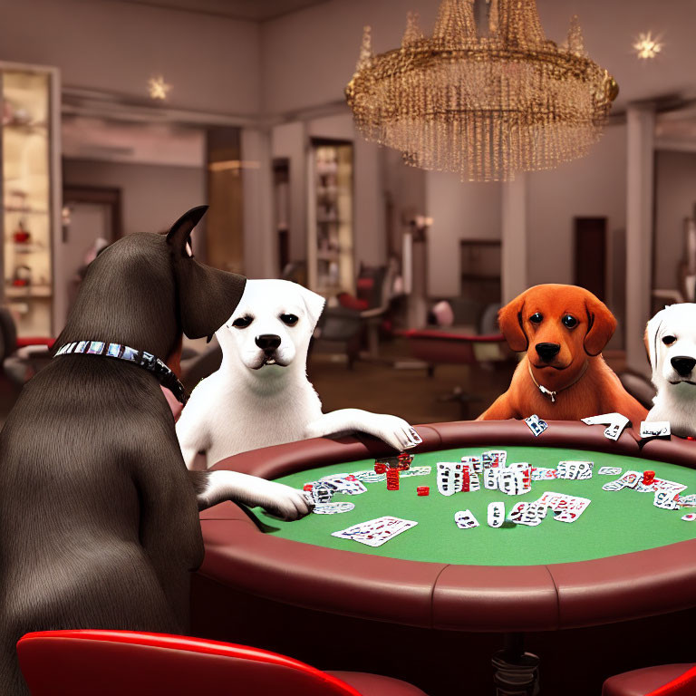 Three dogs playing poker at a casino table with cards and chips.