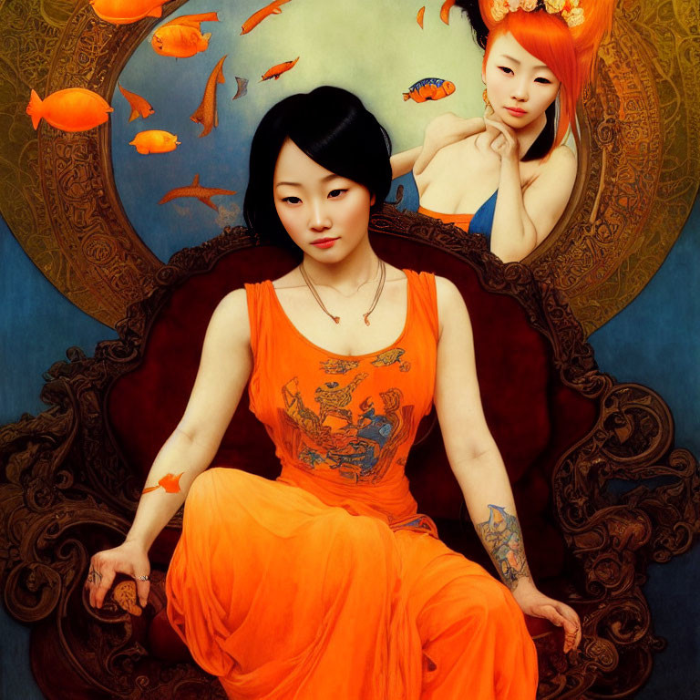 Two women in orange dresses with koi fish motifs surrounded by golden koi fish against a blue backdrop