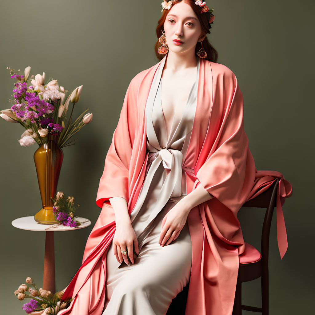 Elegant woman in white dress and pink robe beside vase of flowers