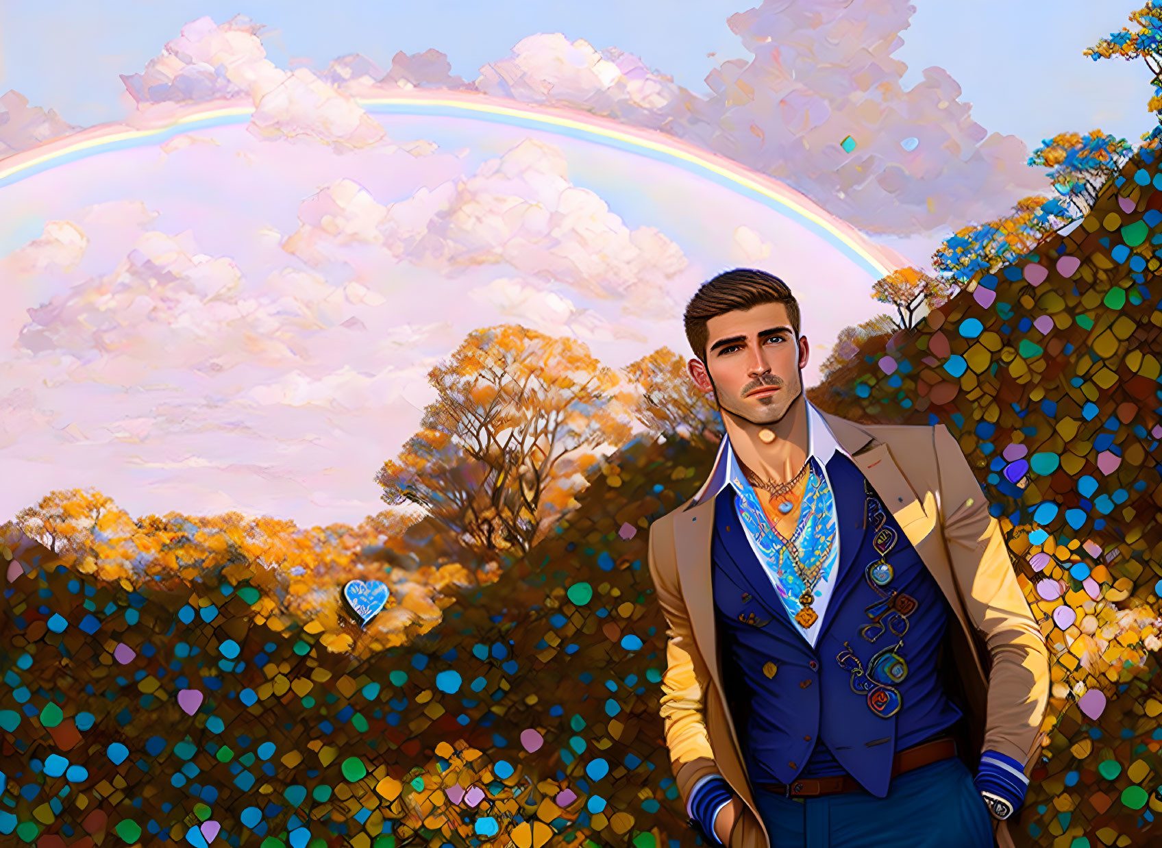 Stylish man in suit with rainbow and autumn trees in background