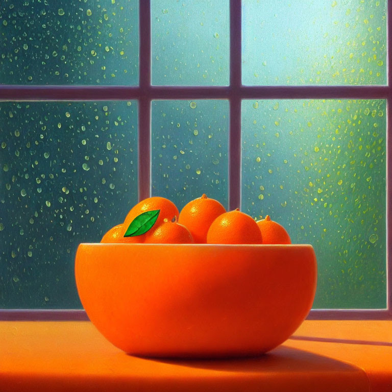 Bowl of Oranges on Table with Raindrops and Warm Light