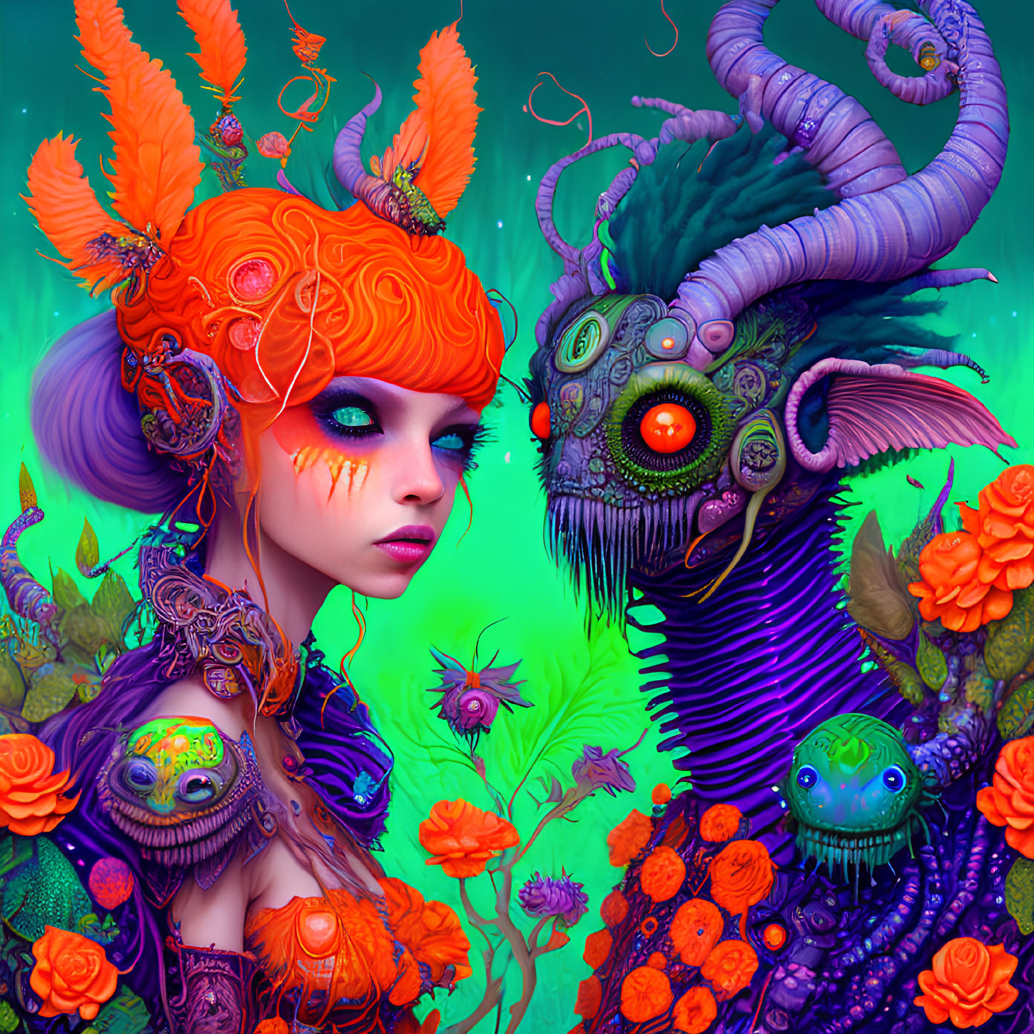 Vibrant orange and purple woman and creature in fantastical setting