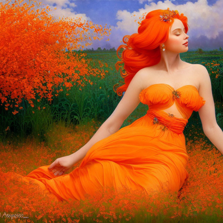 Woman with Red Hair in Orange Dress Sitting in Field of Orange Flowers