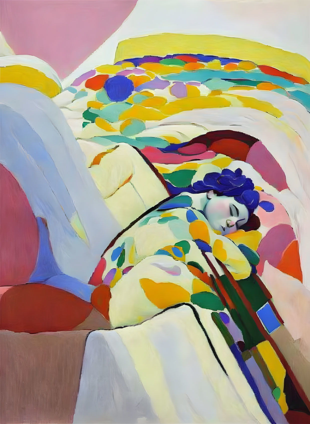 Colorful painting of resting figure with blue hair and vibrant outfit against abstract background