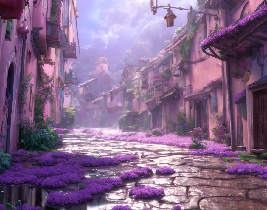 Sunlit cobblestone street with purple flowers and quaint houses - a serene scene.