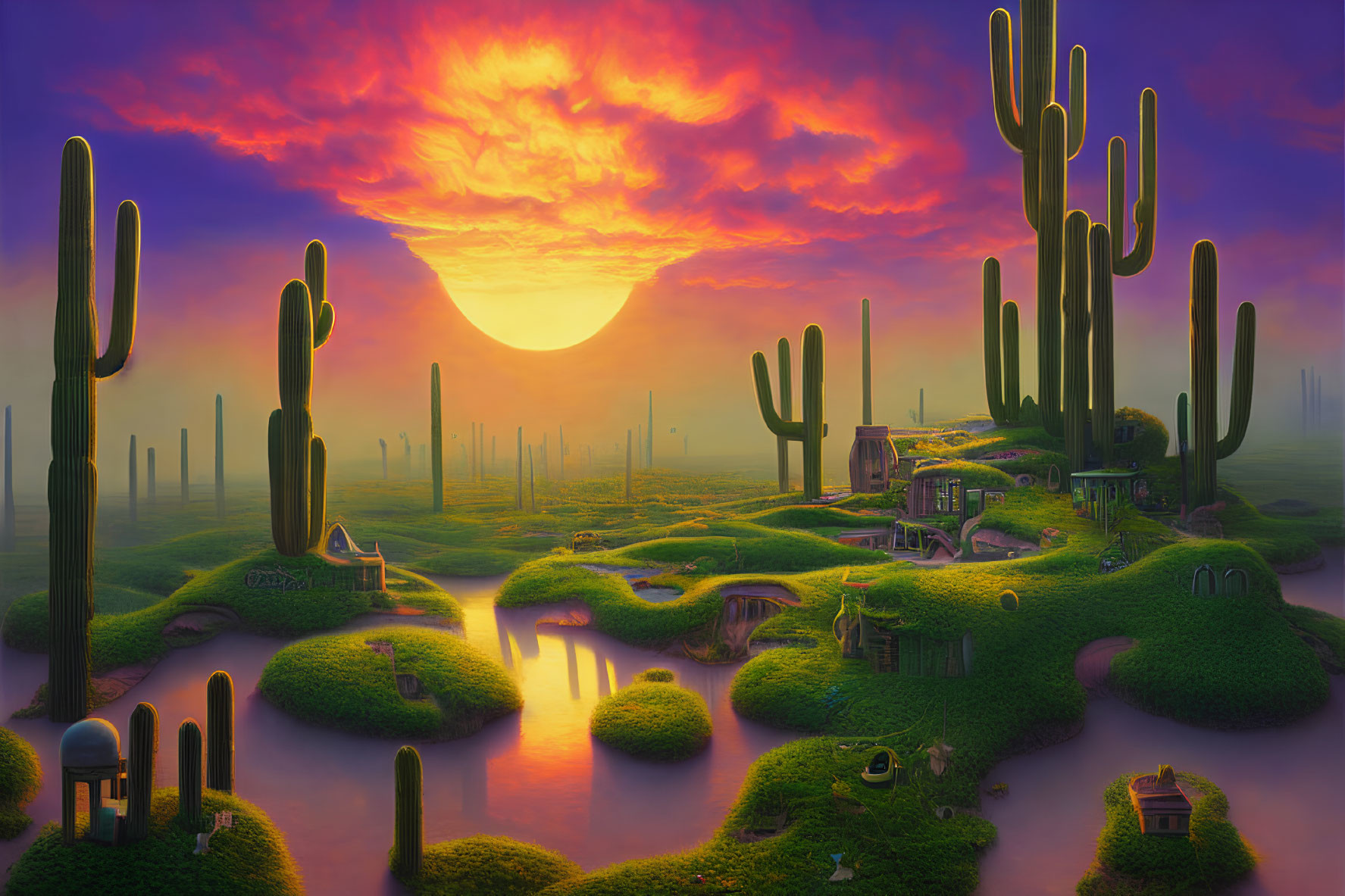 Surreal sunset landscape with large cacti, vibrant sky, and whimsical houses.