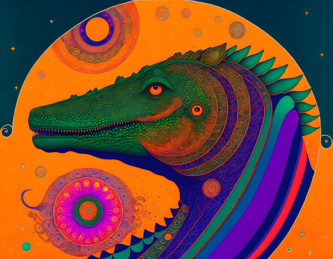 Colorful Stylized Dinosaur Head Illustration on Orange Background