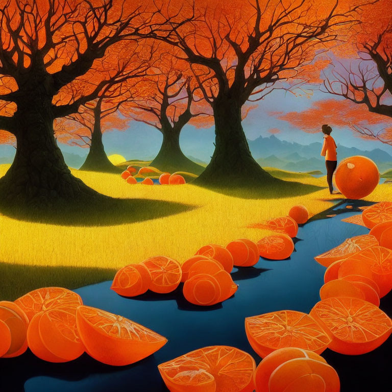 Person standing by river under orange tree canopies with surreal orange slices.