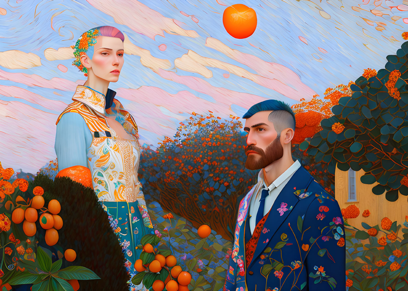 Stylized illustration of man and woman in ornate clothing among orange trees under cloudy sky