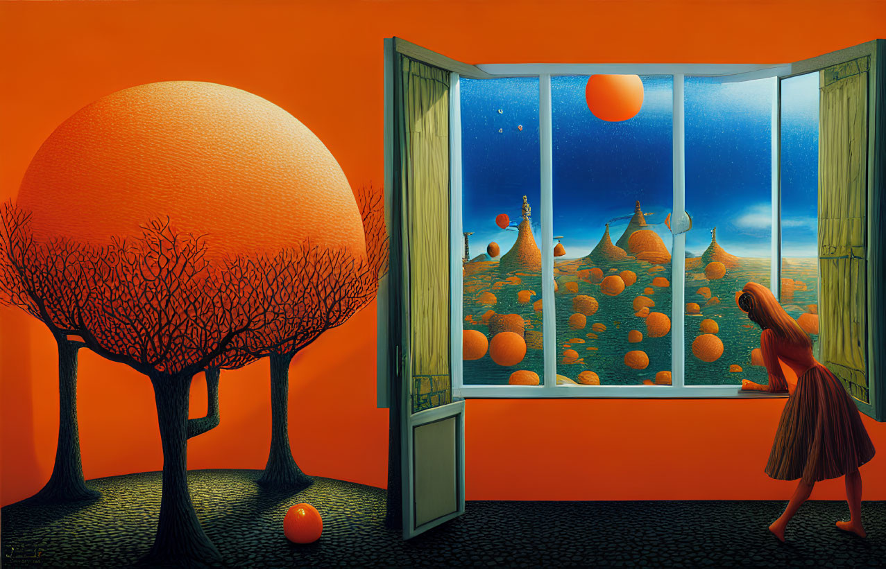 Woman gazes from window at surreal orange landscape