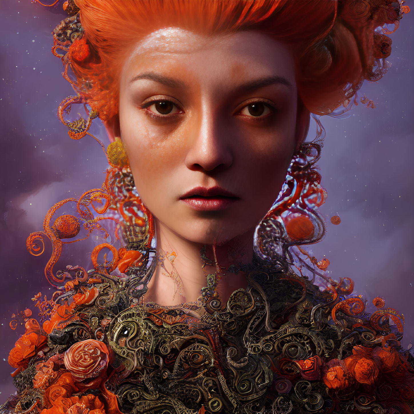 Detailed Portrait of Woman with Vibrant Orange Hair and Elaborate Clothing Against Moody Sky