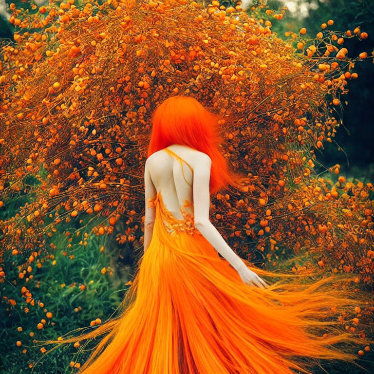 Vibrant orange-haired woman merges with blossoming orange tree in lush green setting.