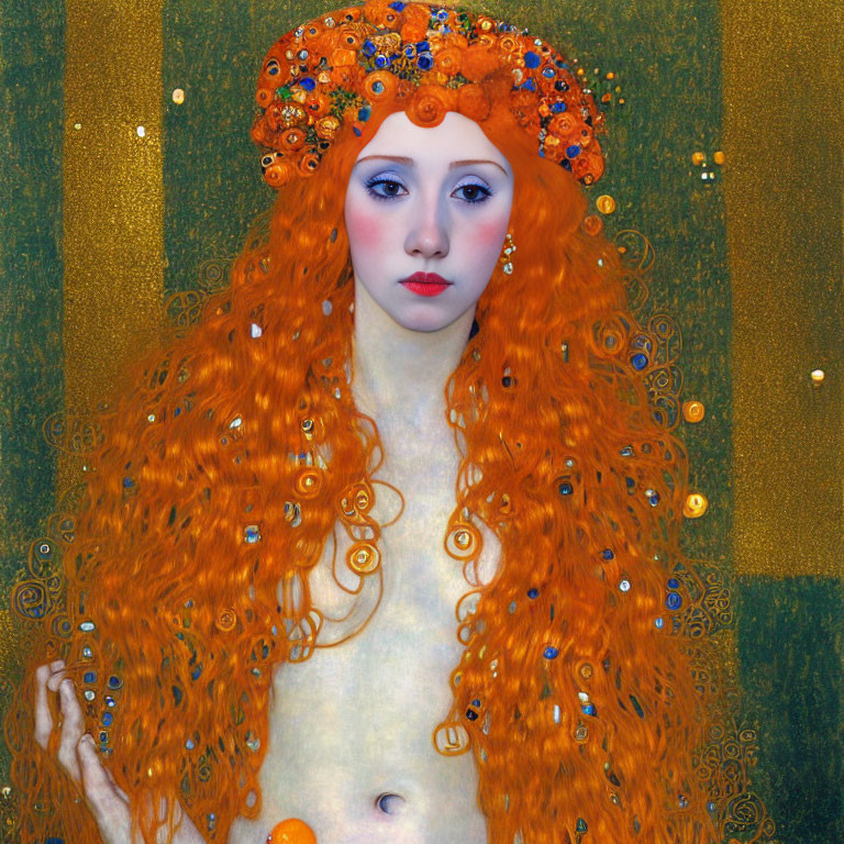 Figure with Long Red Hair and Jeweled Headpiece on Golden Textured Background