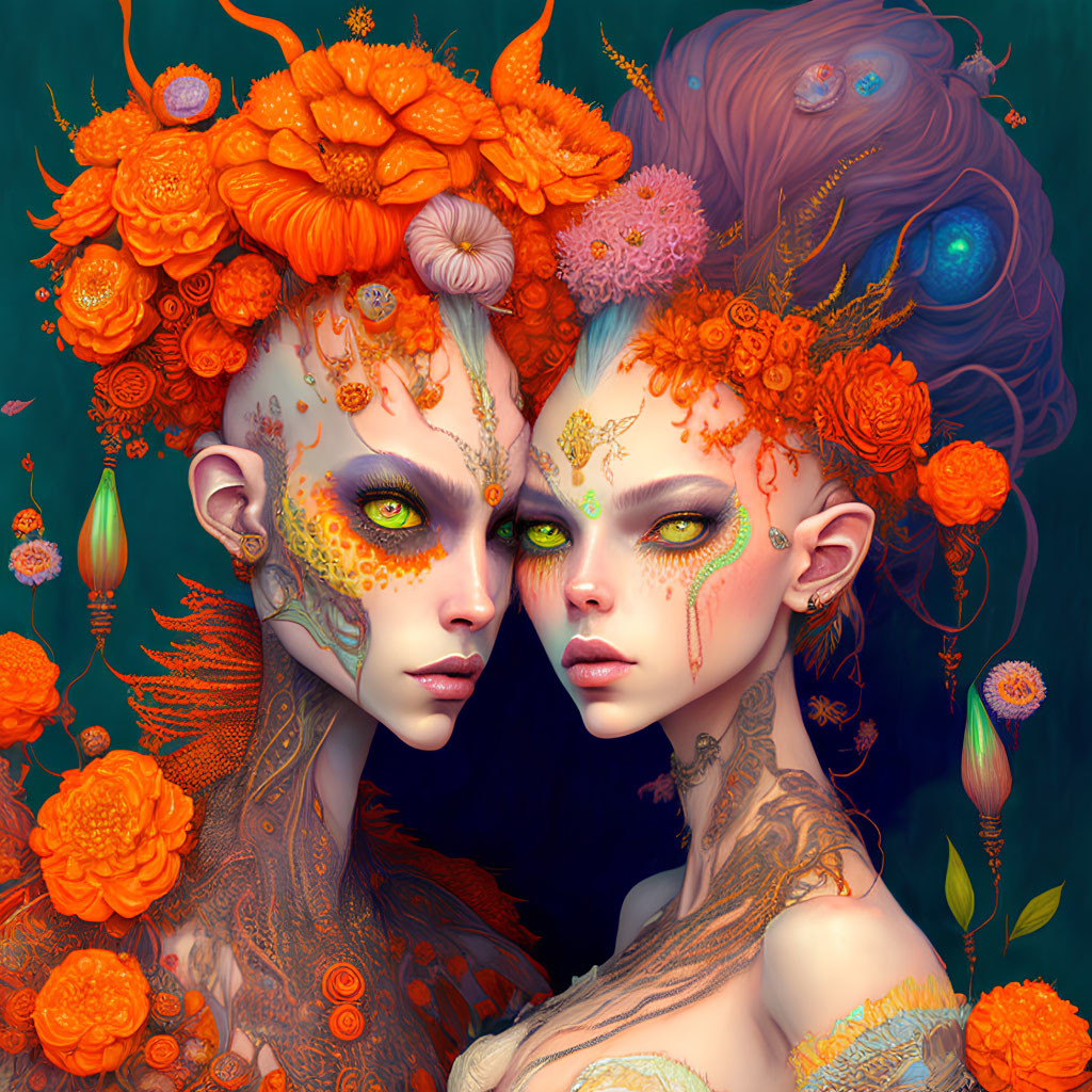 Fantastical beings with orange floral headpieces on turquoise background