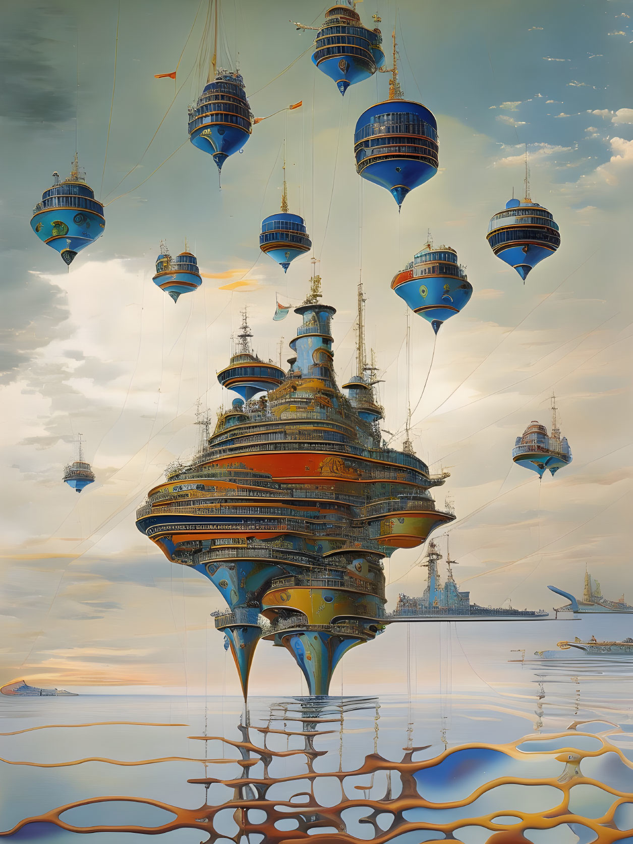 Intricate designs of floating airships above reflective water surface