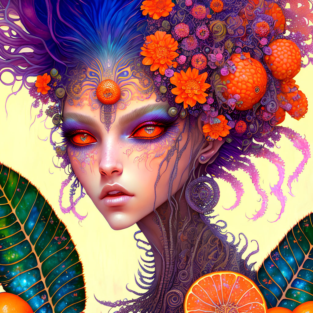 Vibrant purple hair and floral adornments on female figure in colorful artwork