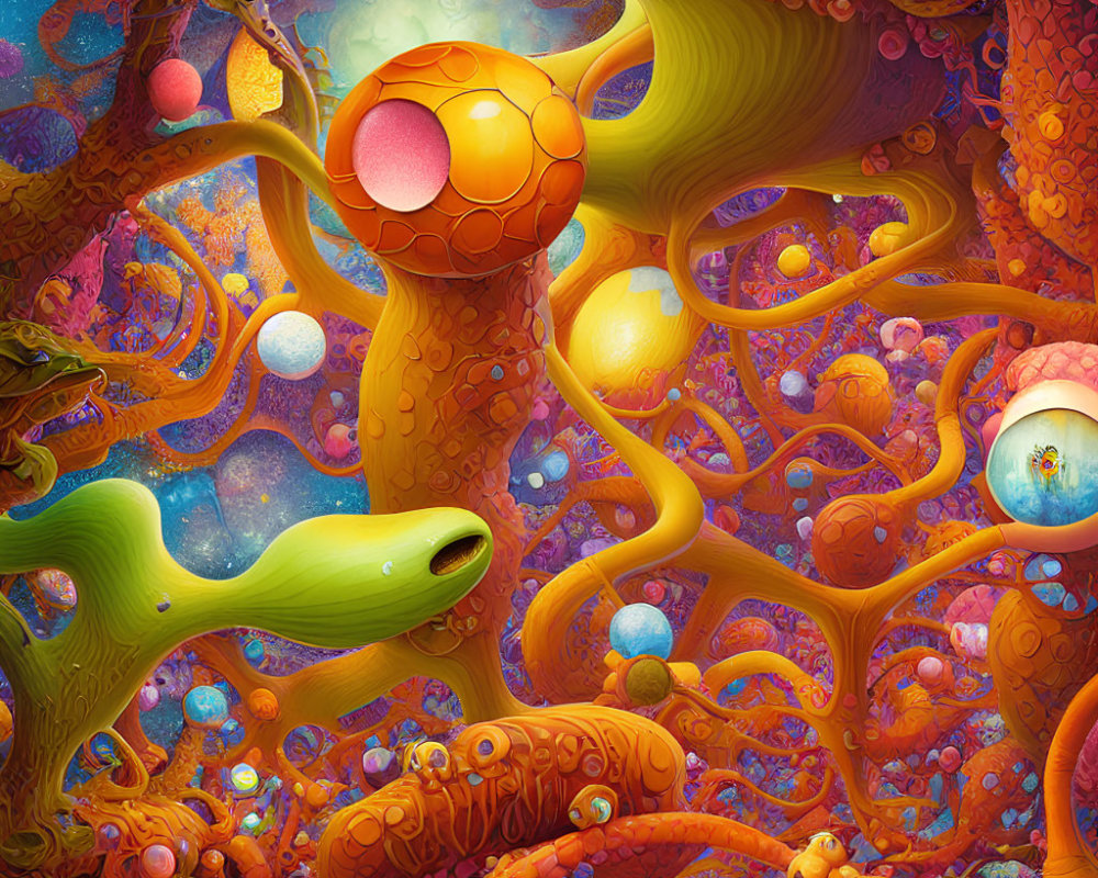 Colorful Psychedelic Artwork with Abstract Shapes and Alien Trees