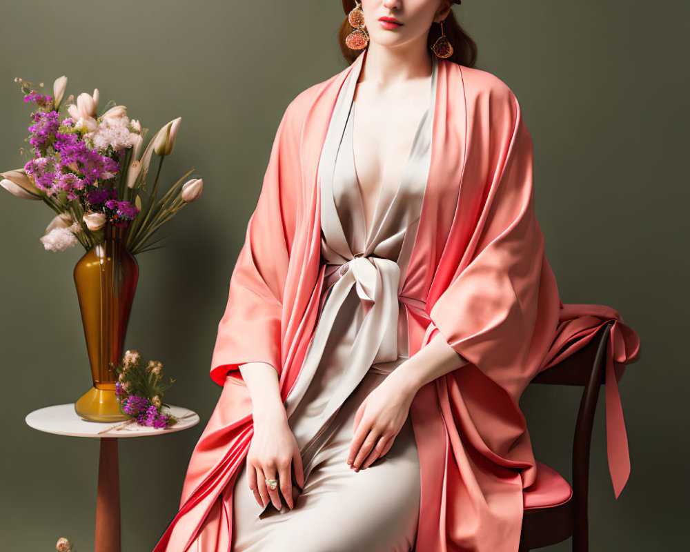 Elegant woman in white dress and pink robe beside vase of flowers