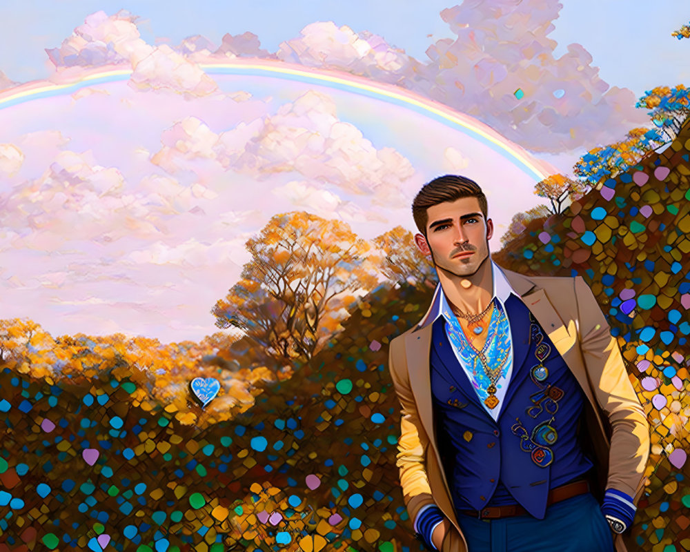 Stylish man in suit with rainbow and autumn trees in background